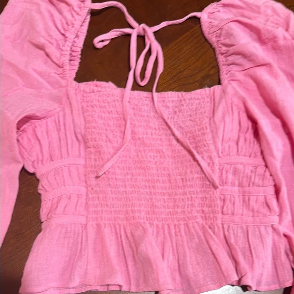 Free People Pink Long Sleeve Smocked Crop Blouse Chloe coquette sweetheart
